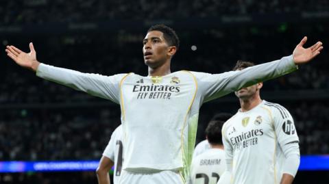 Jude Bellingham celebrates scoring for Real Madrid against Juventus in Champions league