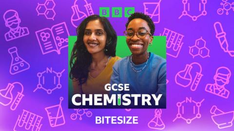 Podcast presenters with caption GCSE Chemistry on colourful subject icons background