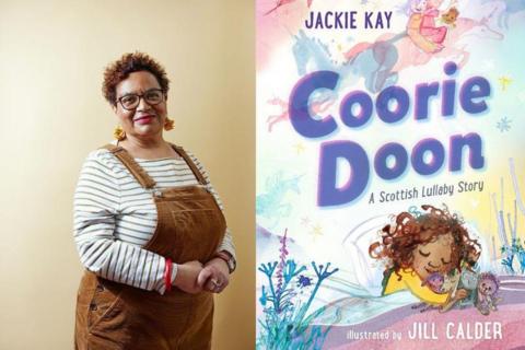 Composite image showing author Jackie Kay wearing a striped top and brown dungarees alongside the front cover of her book 'Coorie Doon'.