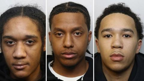 Mugshots of three men. They all have dark hair and stubble and are pictured against a plain background. They are all looking at the camera with blank expressions 