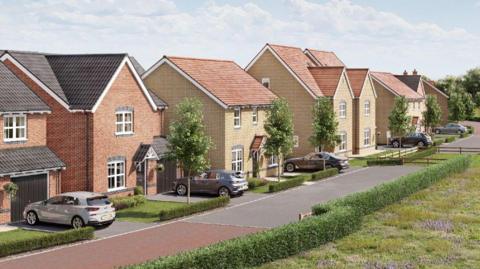 Artist's impression of how a new housing estate could look. The houses are large and detached, with red and beige bricks. There are cars parked outside and rows of green bushes.