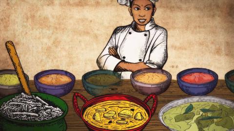 Animated image of a female chef from South Asia surrounded by bowls of curry