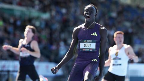 Gout Gout of Queensland celebrates breaking the World Junior Record and Australian Record and a PB to win the Men's 200m final in 19.67 seconds during the 2026 Australian Athletics Championships at Sydney Olympic Park
