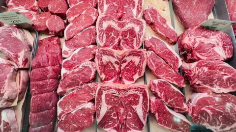 Raw steaks are lined up on a counter at a grocery store.