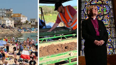 A composite image featuring three elements. The first is a general view of people on a beach with houses in the background, the second is a man working on a machine that is filtering dirt and the second is a woman wearing a cross in front of a mosaic stained window.