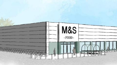A drawing depicting the proposed M&S Food Hall. The single-storey building is white with black lines horizontally painted across it. There is an "M&S Food" sign above the door at the front. There are windows along the bottom half of the front of the building and silhouettes of people entering the shop. There is also a covered trolley park next to the front door.
