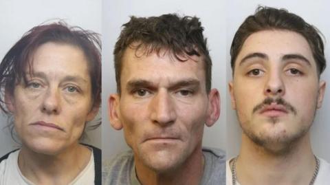 Three police custody photos placed side by side. The image on the right shows Kaleb Wyman, who has dark brown hair, a white t-shirt and a silver necklace. In the middle is Brett Marshall, who has dark brown hair and a grey t-shirt, and Louise Sanders, who has brown hair tied in a ponytail, a white t-shirt and a black cardigan.