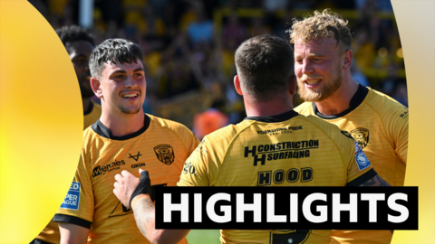 Castleford's Cain Robb, Liam Hood & Jack Ashworth celebrate victory over Leeds