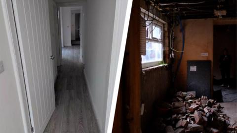 A composit image showing the before and after of works in one of the flats purchased by Creative Factory from Middlesbrough Council. The left-hand image looks into the corridor of a flat with grey laminate flooring, a white panelled door and crisp white walls. On the right is the image of a room with rubble on the floor, no plaster on the walls and electrical cables dangling from the ceiling.