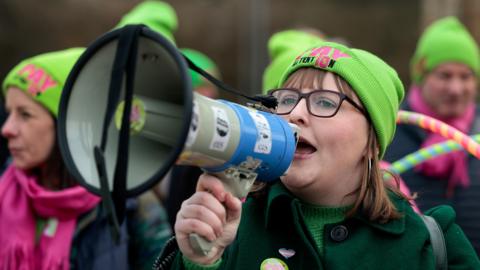 Striking teachers hold a rally outside Langside Hall as they begin a two-day strike action as their pay dispute continues on February 28, 2023 in Glasgow