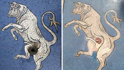 A composite image of the prancing bull mosaic in the Galleria Vittorio Emanuele II arcade in Milan. The left image shows the mosaic before its restoration in May 2026, with a hole in its genital area. TThe right image shows the restored mosaic with light pink stones placed in the area where the hole was..