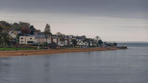 Seafront with a beach and promenade and houses behind it 