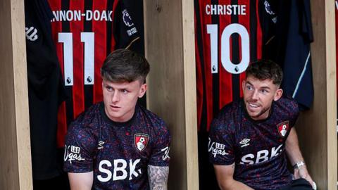 Ben Gannon-Doak and Ryan Christie of Bournemouth in home dressing room before the Premier League match between Bournemouth and Wolverhampton Wanderers at Vitality Stadium