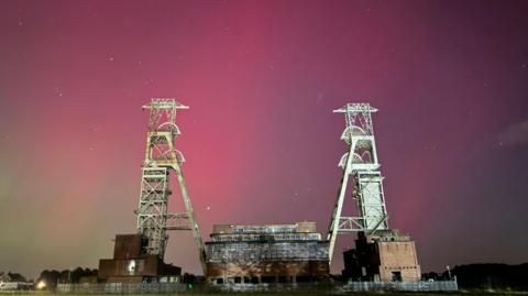 The colliery headstocks at Clipstone, with a purple sky behind