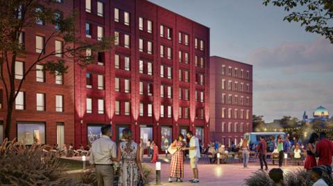 An artist's impression of the improved Market Square showing people in a busy town centre with modern flat buildings