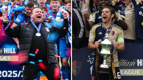 Inverness Caledonian Thistle head coach Scott Kellacher and East Kilbride captain Jack Leitch with their respective trophies