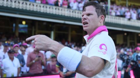 Australia batter Steve Smith points after the end of play on day three of the fifth Ashes Test