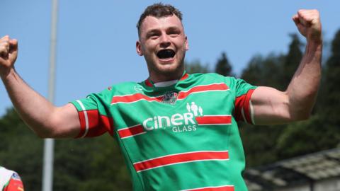 Ebbw Vale's Ethan Phillips celebrates a try