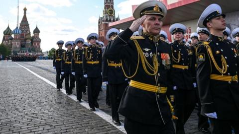 Russian service personnel march during a Victory Day parade on Moscow's Red Square. Photo: 9 May 2025