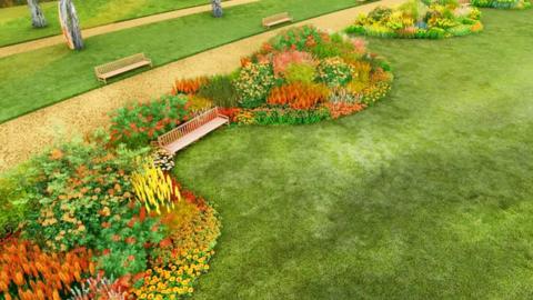 A computer-generated image of the Great Fountain Garden at Hampton Court Palace redesign features a range of colourful clusters of plants, with benches for visitors.