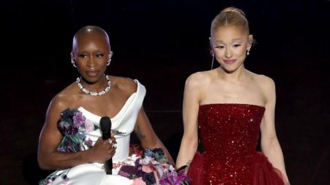 Cynthia Erivo and Ariana Grande on stage.