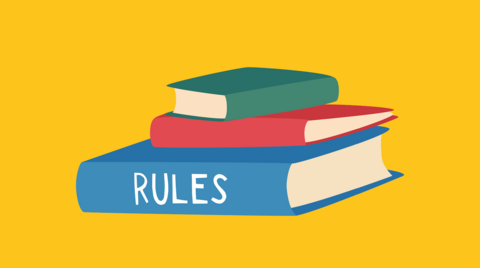 An illustration of books piled on top of one another, with text that reads: 'rules'.