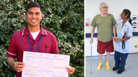 A split-image shows Ivan Maglanque smiling for a photograph with his falls prevention proposal on the left. He is wearing a red nurse uniform and blue lanyard. To the right, a hospital patient poses with another nurse while wearing bright yellow socks.