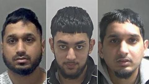 Police custody mugshots of Mohammed Safeer (left), Mohammed Hussain (centre) and Amaan Safeer.