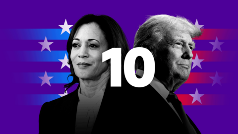 Kamala Harris facing to the left and Donald Trump to the right with a number 10 between them 