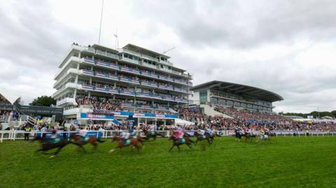 Crowds in stands at a horse racing event. A number of blurry horses are running on a grass track in the foreground.
