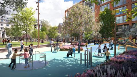 An artist's impression shows a children's play park planned for Piccadilly Gardens. It includes roundabouts and climbing frames and light blue safety flooring.