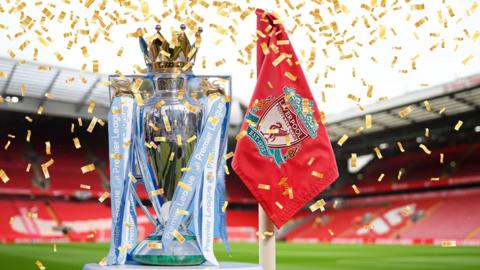 An image made up of different photos shows the Premier League trophy in front of Liverpool football ground with a Liverpool flag and gold confetti. 