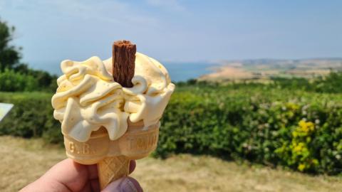 hand holding an ice cream on a hot sunny day