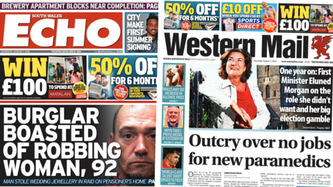 Front pages of the South Wales Echo (Splash headline: "Burglar boasted of robbing woman, 92") and Western Mail (Splash headline: "Outcry over no jobs for new paramedics").