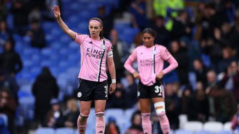 Sam Tierney of Leicester City looks dejected after Mayumi Pacheco of Everton (not pictured) scores her teams first goal during the Barclays Women's Super League match between Everton and Leicester City