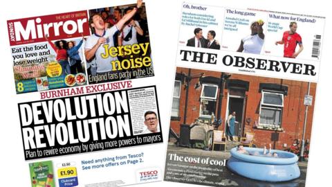 A composite image of the front pages of the Sunday Mirror and the Observer on 28 June 2026