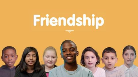 Presenter and chef Omari McQueen alongside images of children on an orange background. Text reads, 'Friendship'.