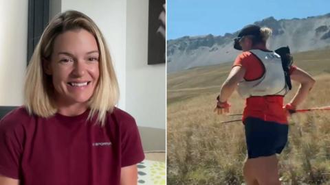 Sophie Woods in a split screen - on an interview (l) and running in the Alps (r)