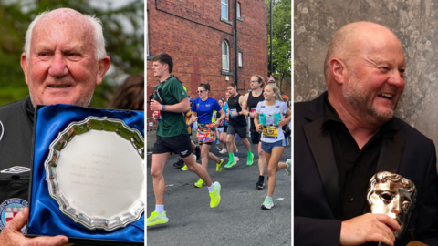 Three side-by-side images; on the left, an older man with white hair and a referee uniform holds up a large silver commemorative plate. In the middle, a mixed gender group of runners take part in an event. On the right, a man with a short grey beard and a black suit jacket and shirt holds a gold mask trophy.