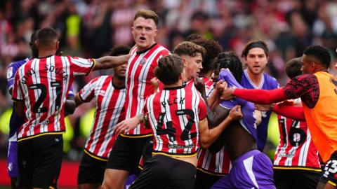 Players in an on-pitch brawl as Sheffield United v Watford game comes to a close