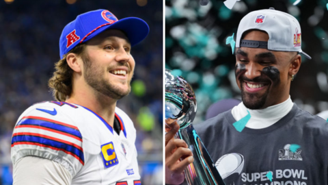 Split image featuring Josh Allen smiling and Jalen Hurts holding the Super Bowl trophy