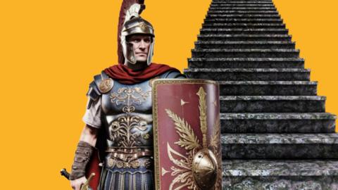 A stone staircase with a Roman soldier stood in front of it. 