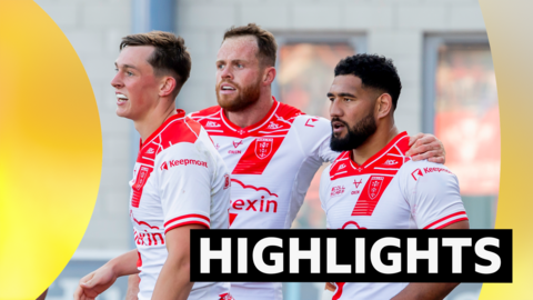 Hull KR players, including Joe Burgess, celebrate a try against Huddersfield