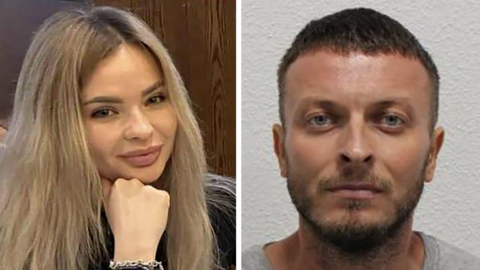 Composite image of Hoisan smiling into the camera, with blond hair and full lips to the left, and a police mug shot of Muzyka, who has short hair and is wearing a grey top to the right