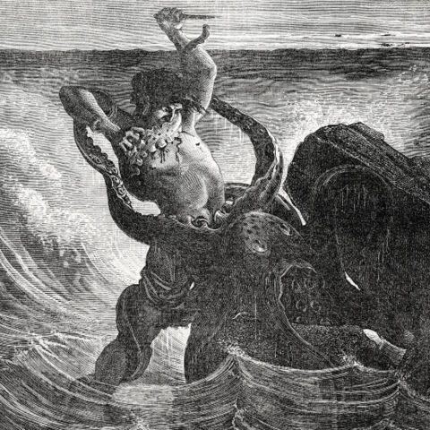 Victorian drawing showing man about to stab a giant octopus