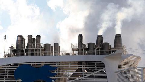 Southampton England UK. 27.09.2025. Smoke stack of a large cruise ship emissions from the top deck.
