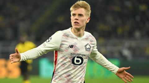  Lille's Hakon Haraldsson celebrates after scoring the equalising goal against Borussia Dortmund.