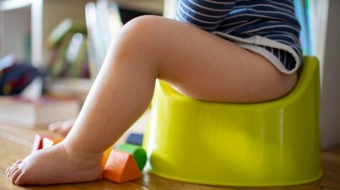 A close up of a toddler's legs on a potty. There are toys around their feet and the potty is a greeny yellow.