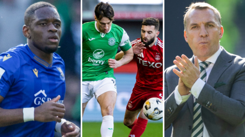 St Johnstone's Uche Ikpeazu, Hibernian against Aberdeen, and Celtic's Brendan Rodgers