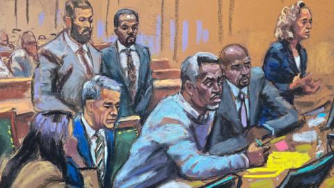 Sean "Diddy" Combs attends a charge conference with his defense lawyers Nicole Westmoreland, Brian Steel, Xavier R. Donaldson and Alexandra Shapiro during Combs' sex trafficking trial in New York City, New York, U.S., June 25, 2025 in this courtroom sketch. 